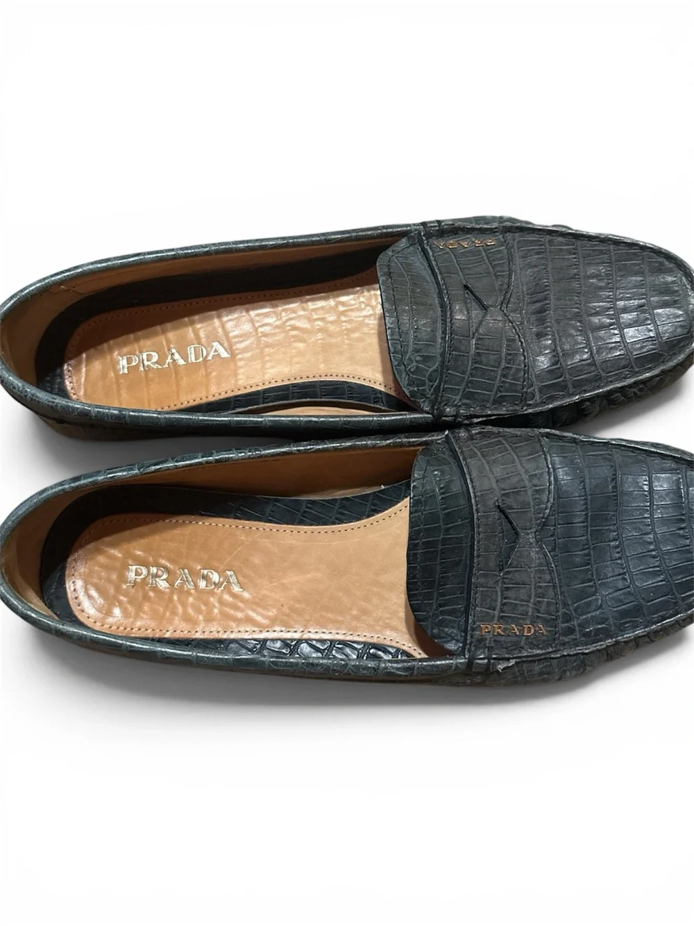Prada Green Croc-Embossed Leather Penny Loafers